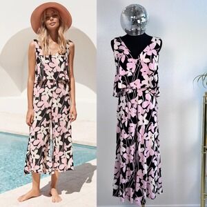 Mister Zimi Clover Jumpsuit, Small /‎ AU Size 8, Black and Pink Floral Wide Leg